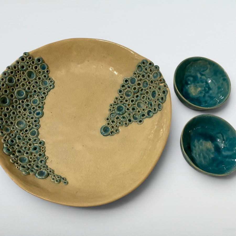 Dora Deco barnacle platter and bowl set — handmade stoneware