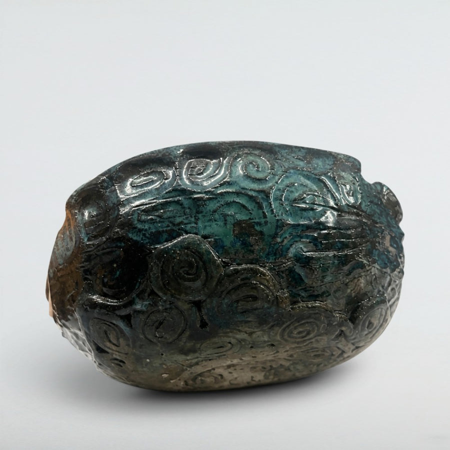 Dora Deco celtic knot vessel — handmade stoneware with carved pattern