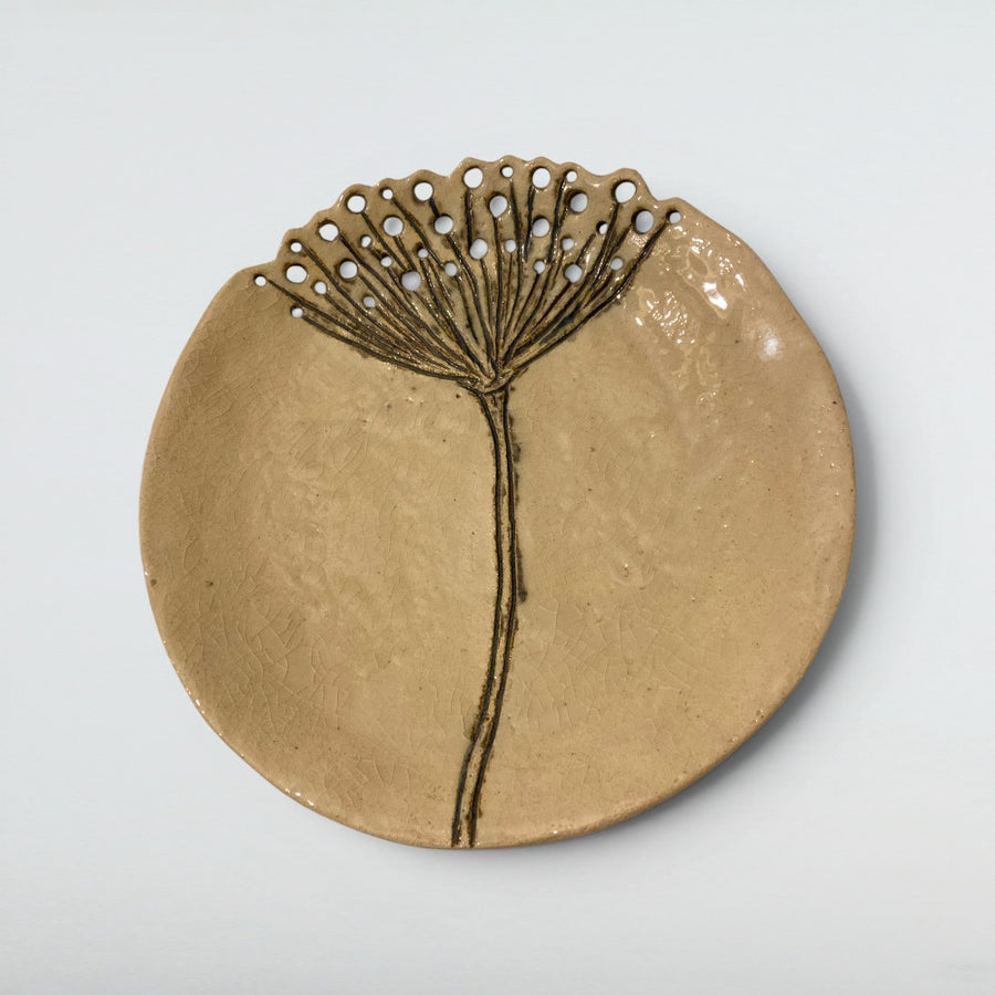 Dora Deco dandelion pierced plate — handmade stoneware with pierced pattern