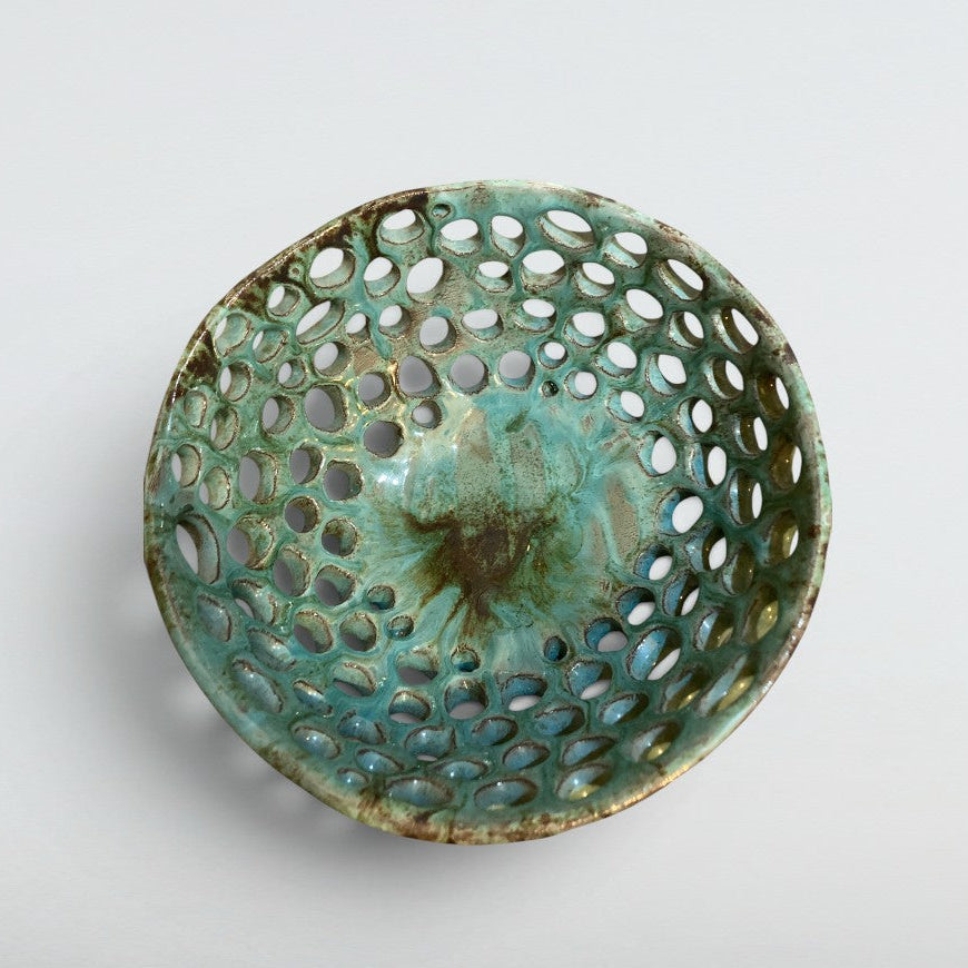 Dora Deco emerald dome pierced bowl — handmade stoneware, one of a kind, photo 2