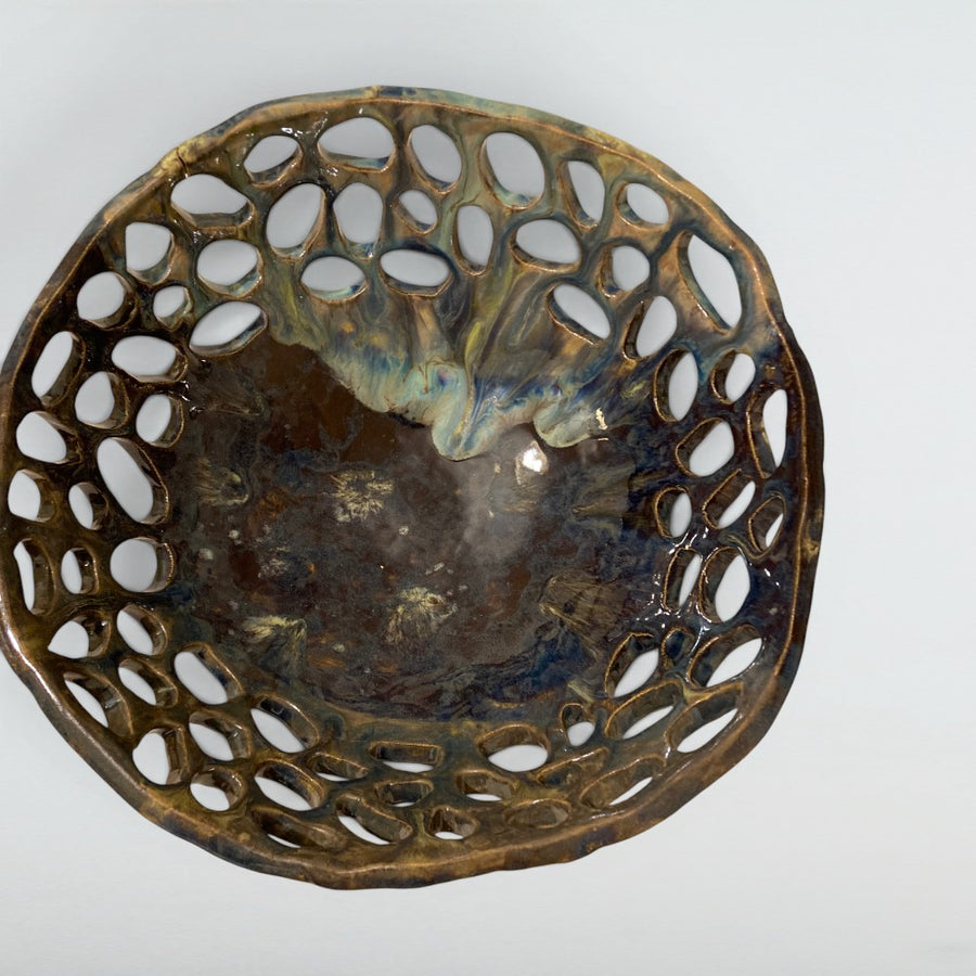 Dora Deco honey lace pierced bowl — handmade stoneware, one of a kind, photo 1