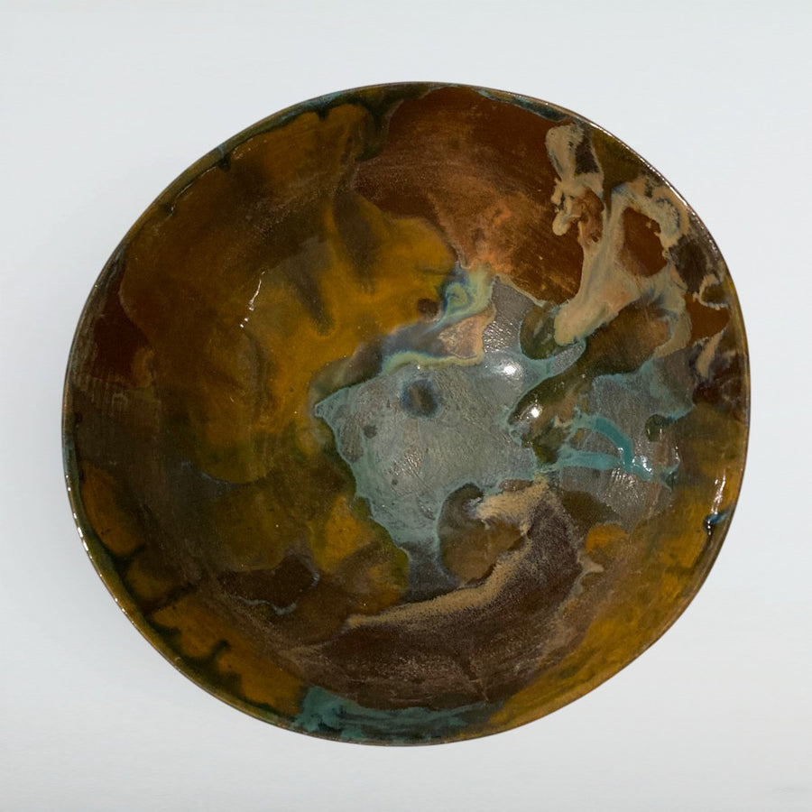 Dora Deco landscape bowl amber teal — handmade stoneware, one of a kind, photo 1