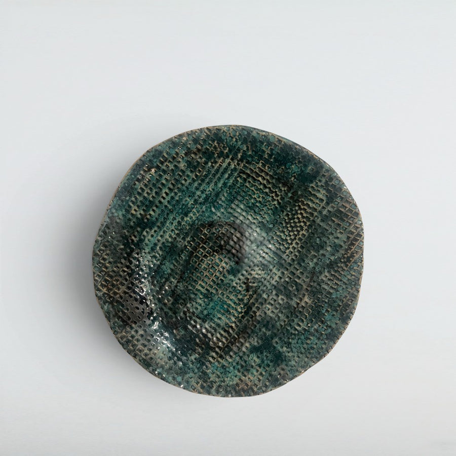 Dora Deco linen grid plate teal — handmade stoneware, one of a kind, photo 1