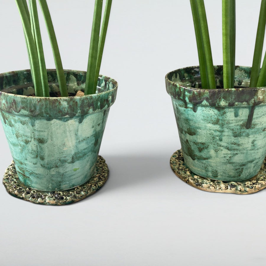 Dora Deco verdigris-plant-pot-set — handmade stoneware, one of a kind, photo 1