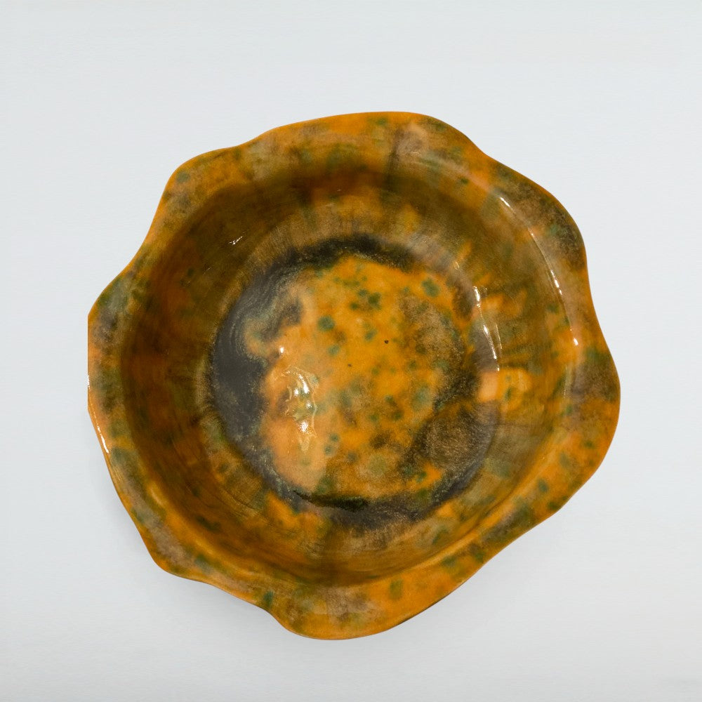 Dora Deco amber forest ruffle bowl — handmade stoneware, one of a kind