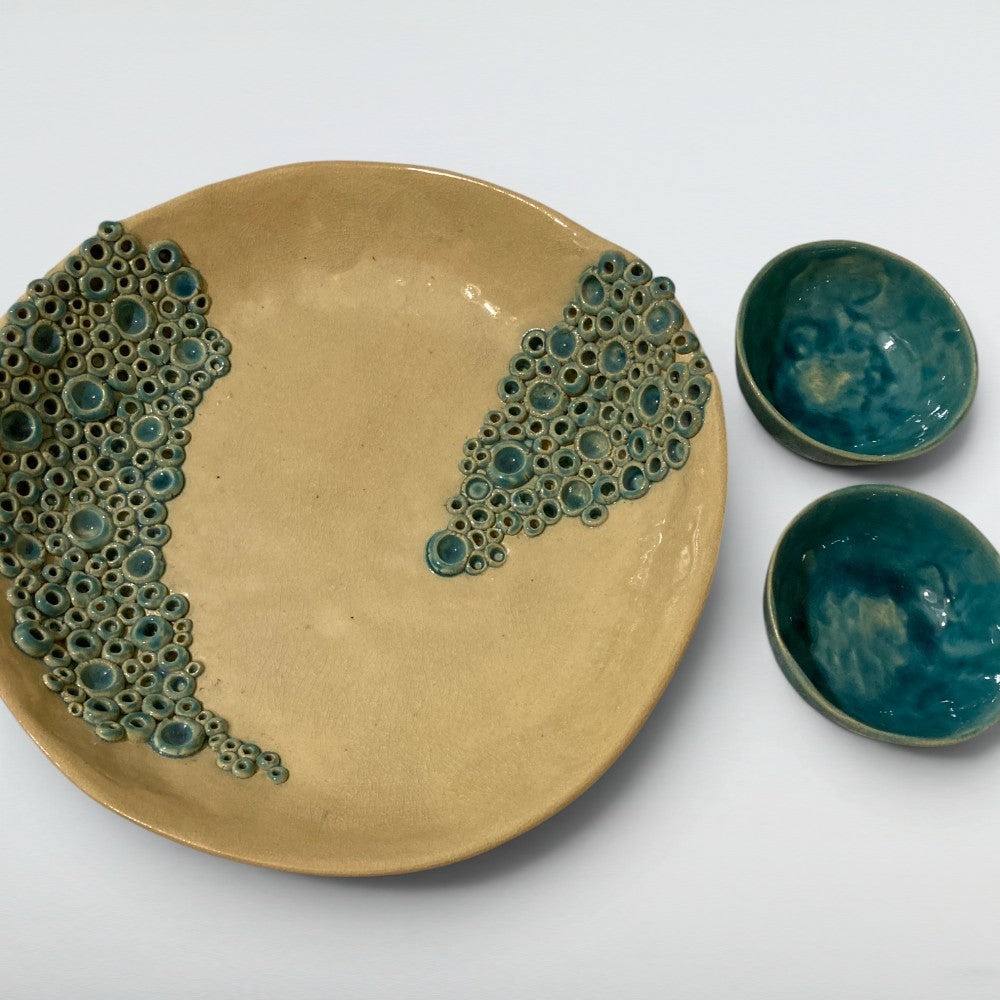 Dora Deco barnacle platter and bowl set — handmade stoneware