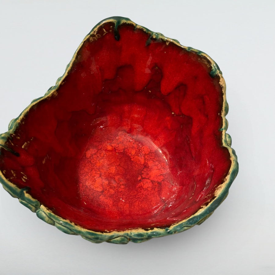 Dora Deco crimson and teal ruffle bowl — handmade stoneware