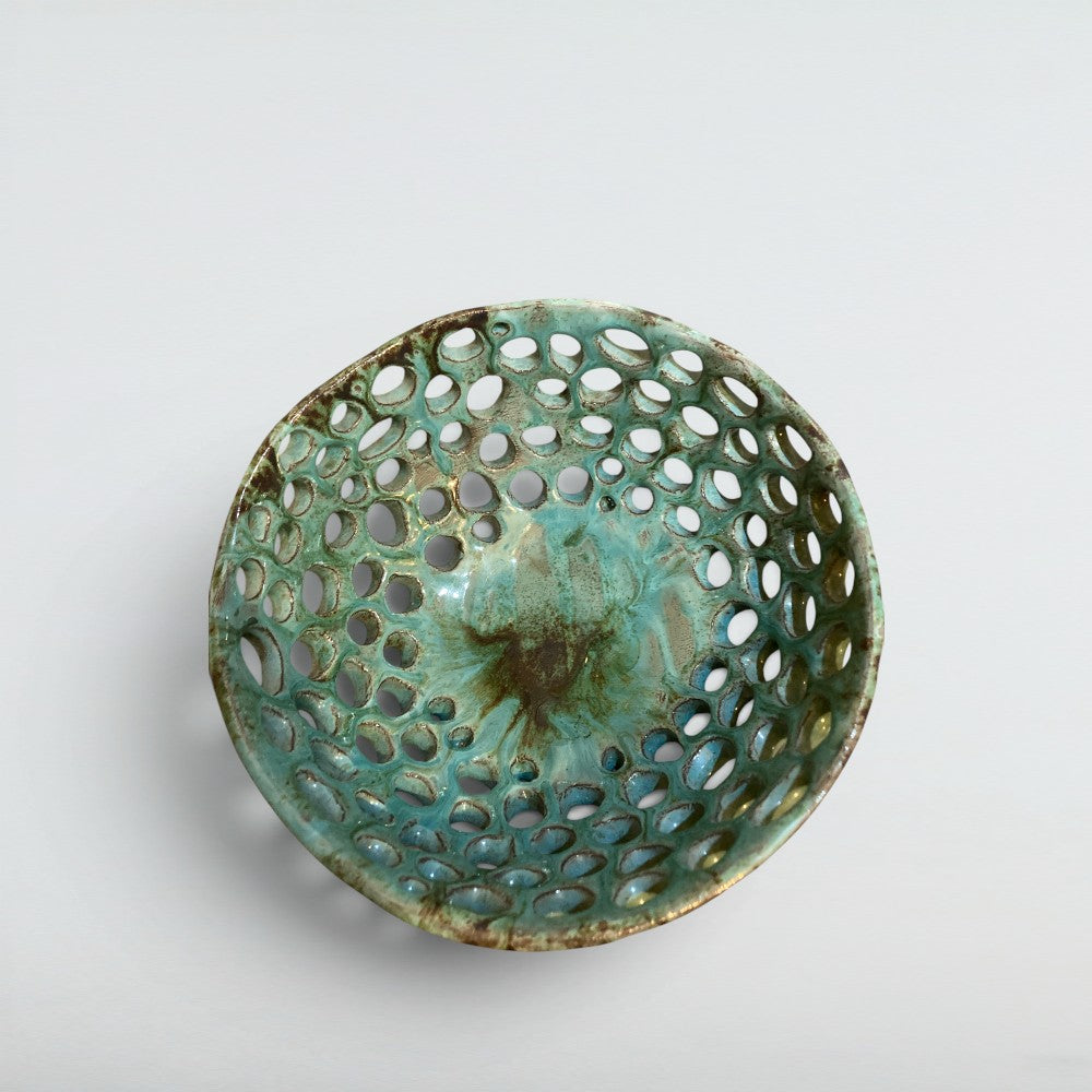 Dora Deco emerald dome pierced bowl — handmade stoneware, one of a kind, photo 2