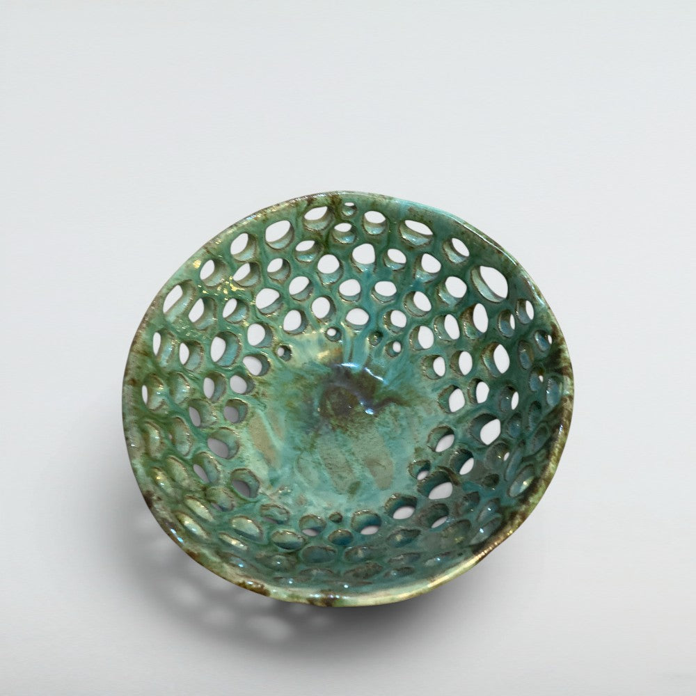 Dora Deco emerald dome pierced bowl — handmade stoneware, one of a kind, photo 3