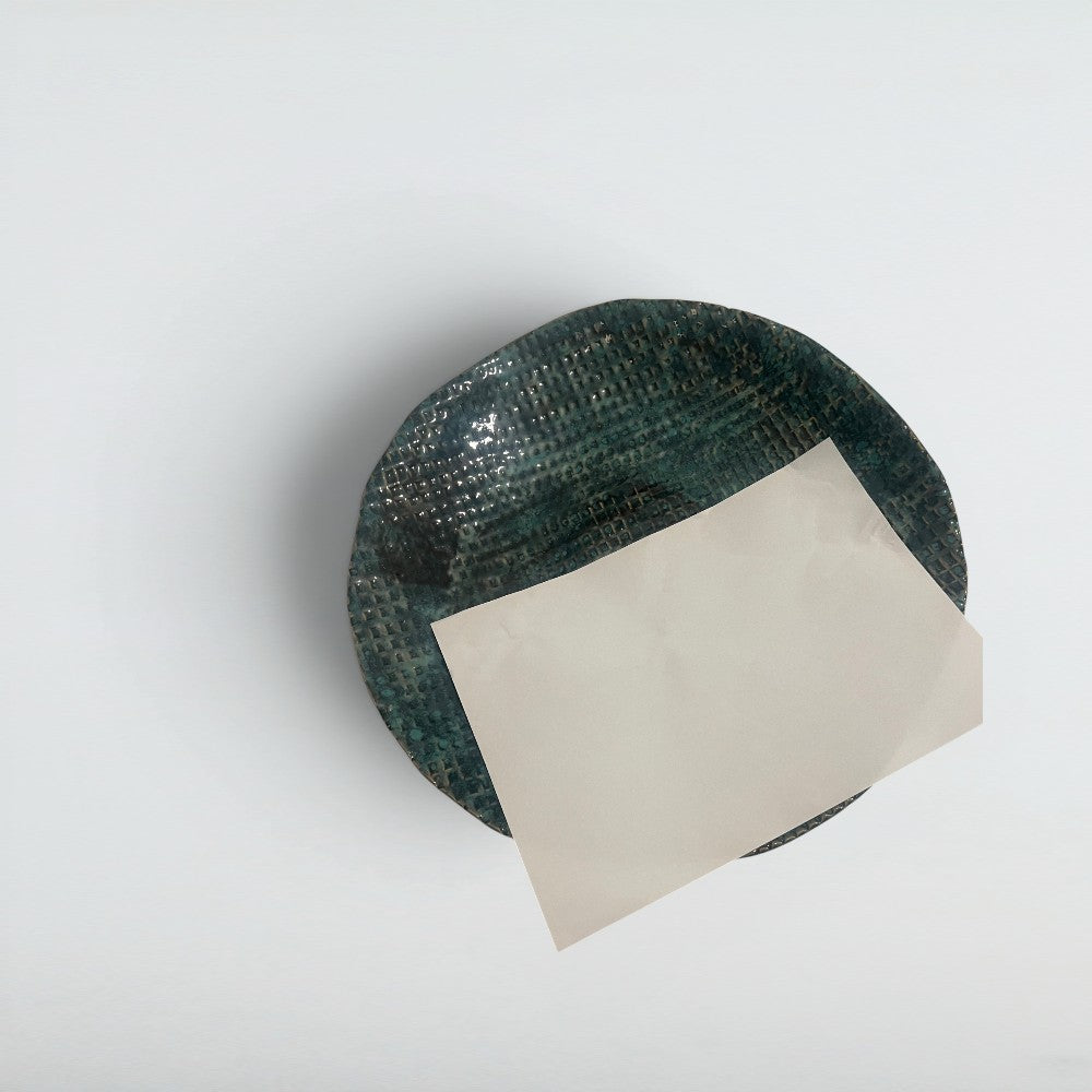 Dora Deco linen grid plate teal — handmade stoneware, one of a kind, photo 2