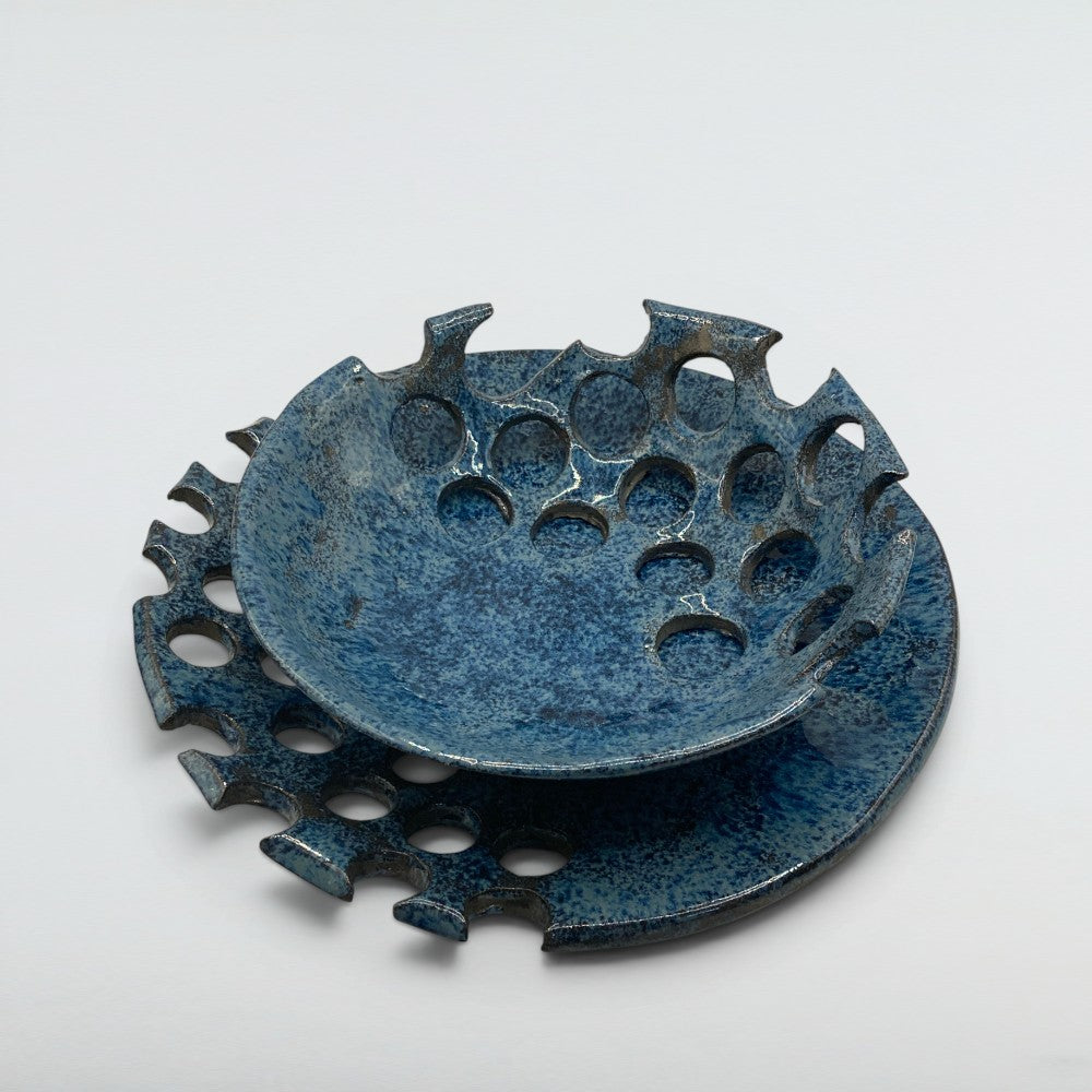 Dora Deco midnight blue pierced bowl — handmade stoneware, one of a kind, photo 2